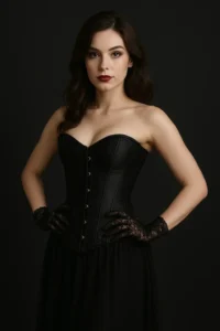Model wearing a black corset costume with gothic accessories for a Halloween-inspired look.