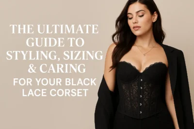 Model wearing a black lace corset styled with a black blazer, photographed against a soft beige background.